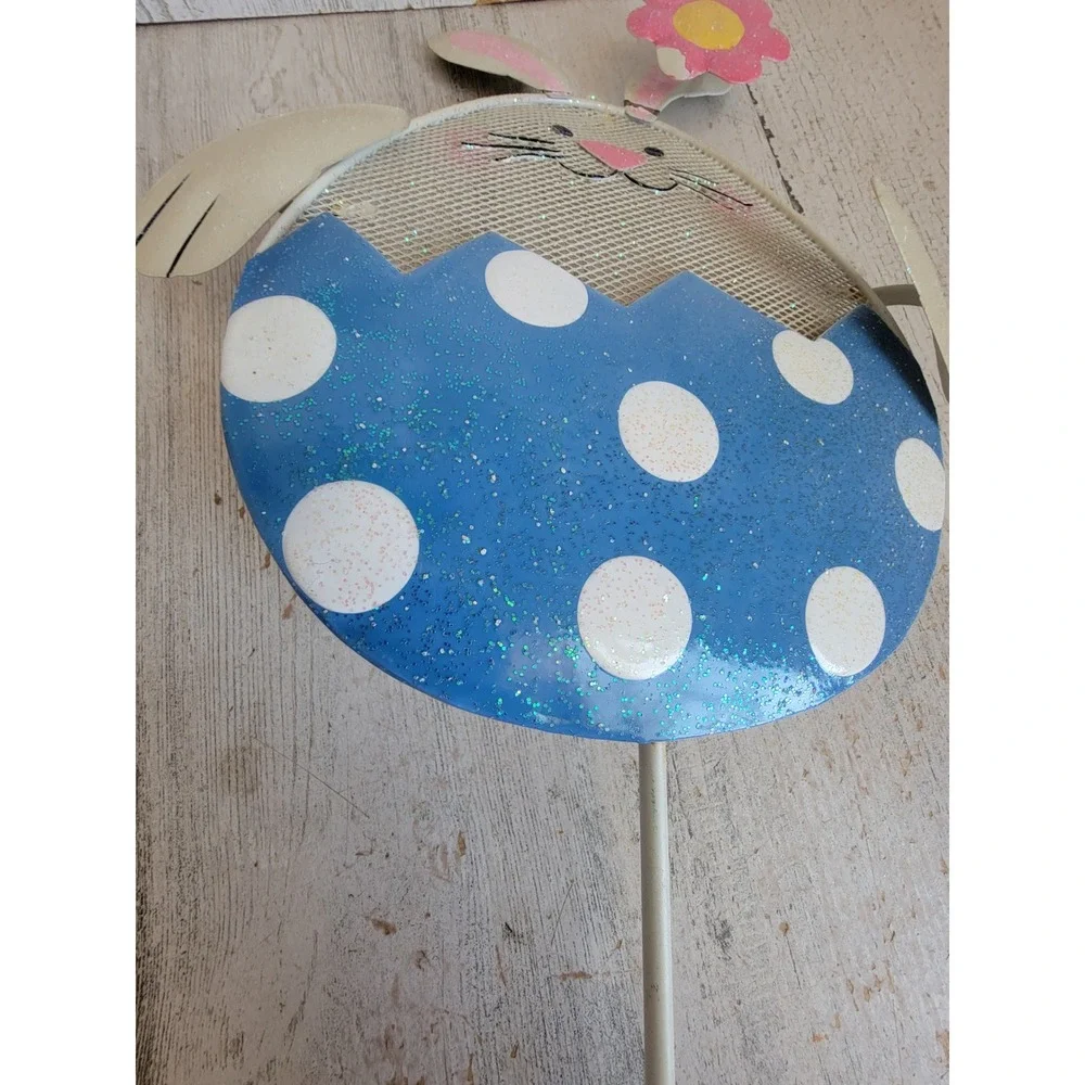 Vintage blue bunny egg polka dot lawn home decor spring flower metal rabbit